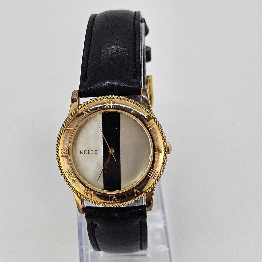 Relic Women Watch 32MM White Black Dial Black Leather Bands Up to 7